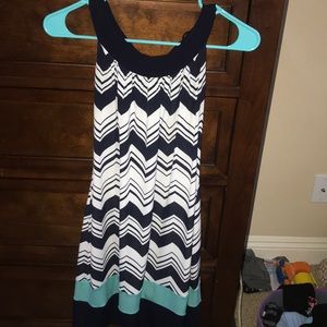 blue and white dress.